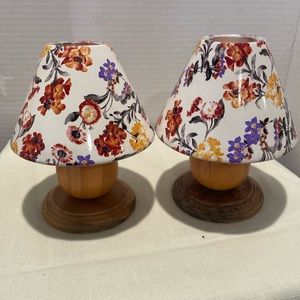 Two Antique Candle Lights w/Glass Transferware Shades